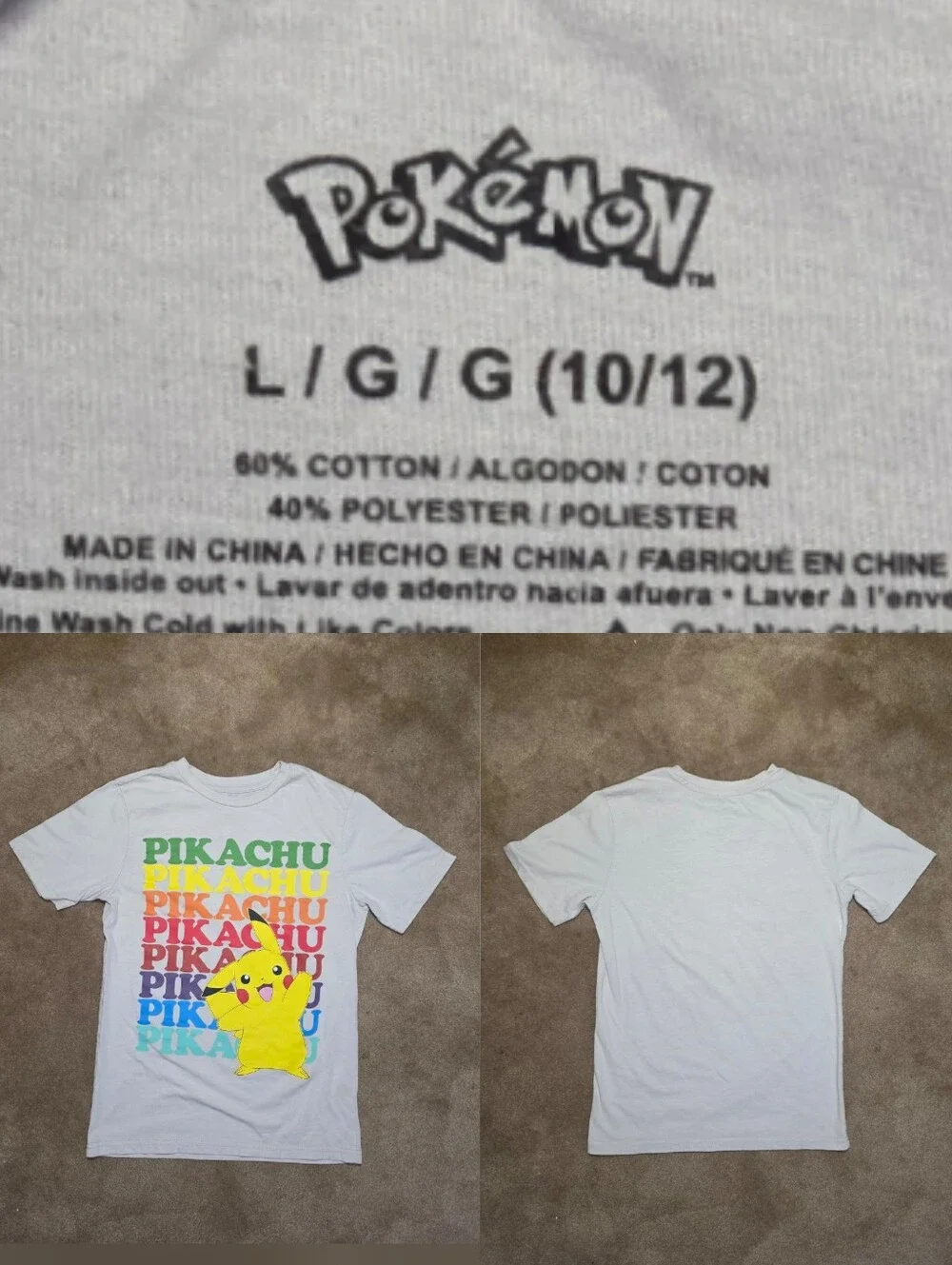 Kids Grey Pokemone Pikachu Tee Sz Lg 10/12